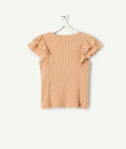 Top fille manches broderies beige