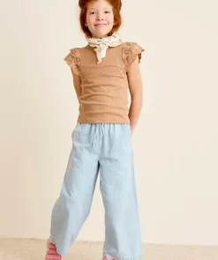 Top fille manches broderies beige