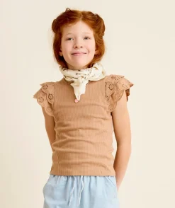 Top fille manches broderies beige