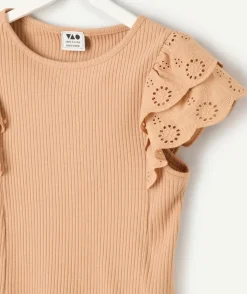 Top fille manches broderies beige