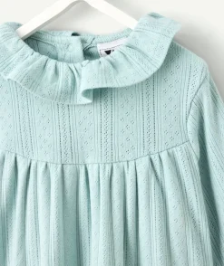 T-shirt bébé fille ajouré bleu à col volanté