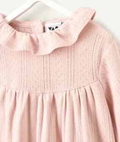 T-shirt bébé fille ajourée rose à col volanté