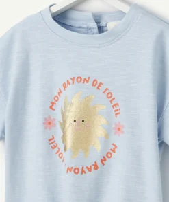 T-shirt bébé fille bleu avec message couleur dorée et pailletée