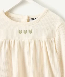 T-shirt bébé fille écru imprimés coeurs couleur dorée