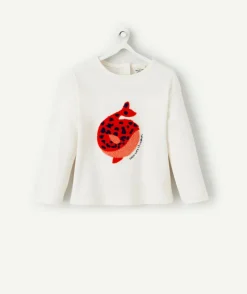T-shirt bébé fille en coton bio écru avec baleine en bouclette