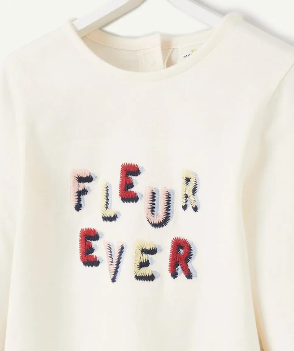 T-shirt bébé fille en coton bio écru avec message brodé