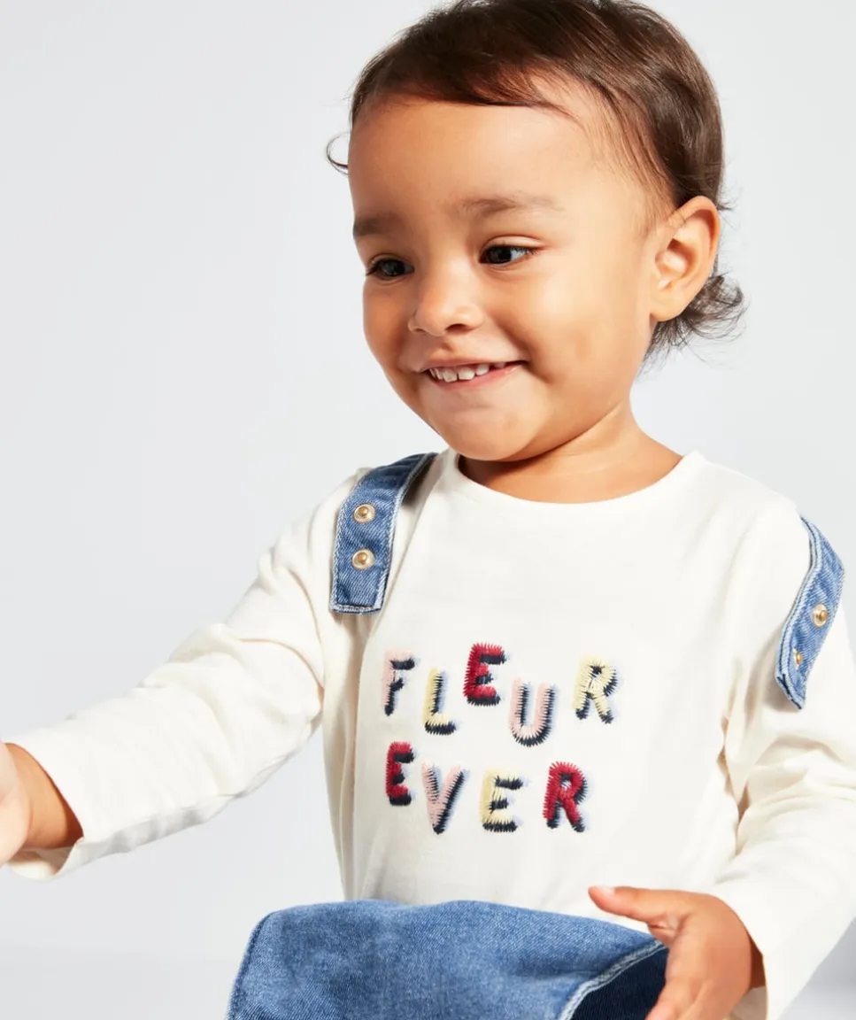 T-shirt bébé fille en coton bio écru avec message brodé