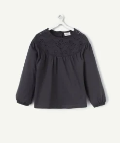 T-shirt bébé fille en coton bio gris foncé et broderies anglaise
