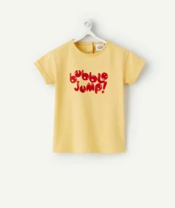 T-shirt bébé fille en coton bio jaune avec message en feutrine