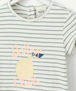T-shirt bébé fille en coton biologique rayé vert et blanc