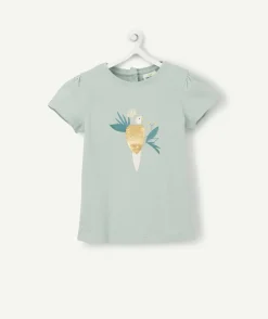 T-shirt bébé fille en coton biologique vert avec oiseau à sequins