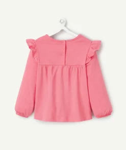 T-shirt bébé fille en coton bio rose avec broderies et volants