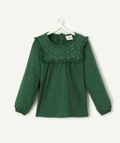 T-shirt bébé fille en coton bio vert avec broderies et volants