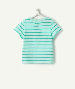 T-shirt bébé garçon en coton bio vert à rayures thème bisous