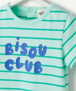 T-shirt bébé garçon en coton bio vert à rayures thème bisous
