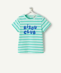 T-shirt bébé garçon en coton bio vert à rayures thème bisous