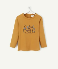 T-shirt bébé garçon en coton marron motifs pingouins et message