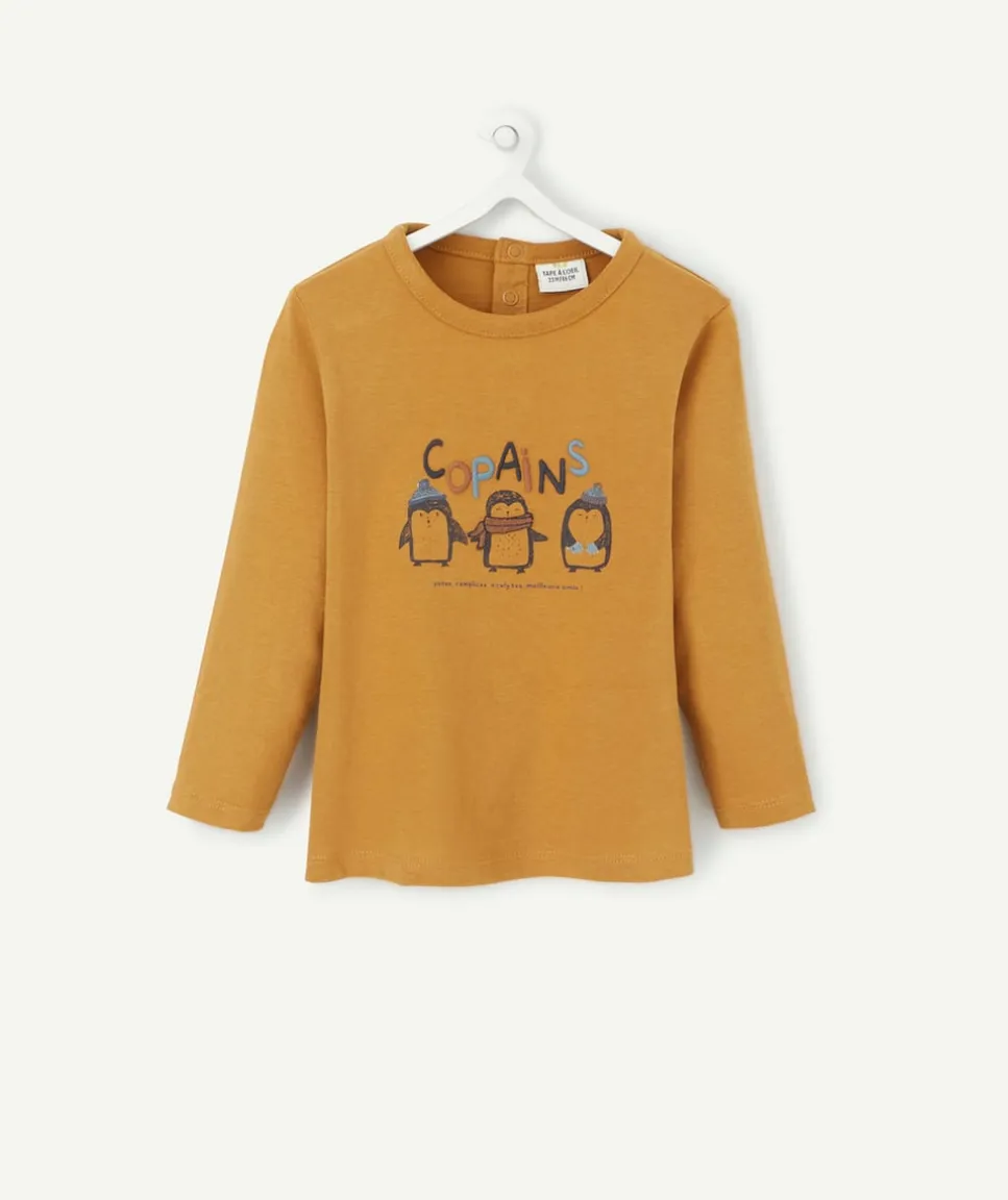 T-shirt bébé garçon en coton marron motifs pingouins et message