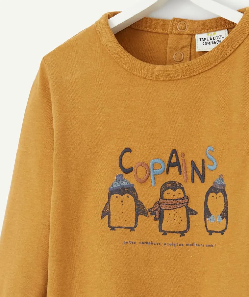 T-shirt bébé garçon en coton marron motifs pingouins et message