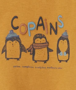T-shirt bébé garçon en coton marron motifs pingouins et message