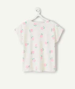 T-shirt blanc à fleurs roses fille