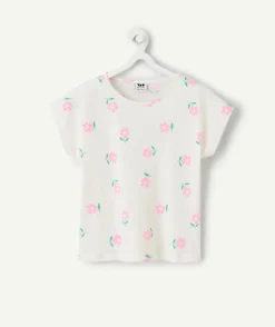 T-shirt blanc à fleurs roses fille