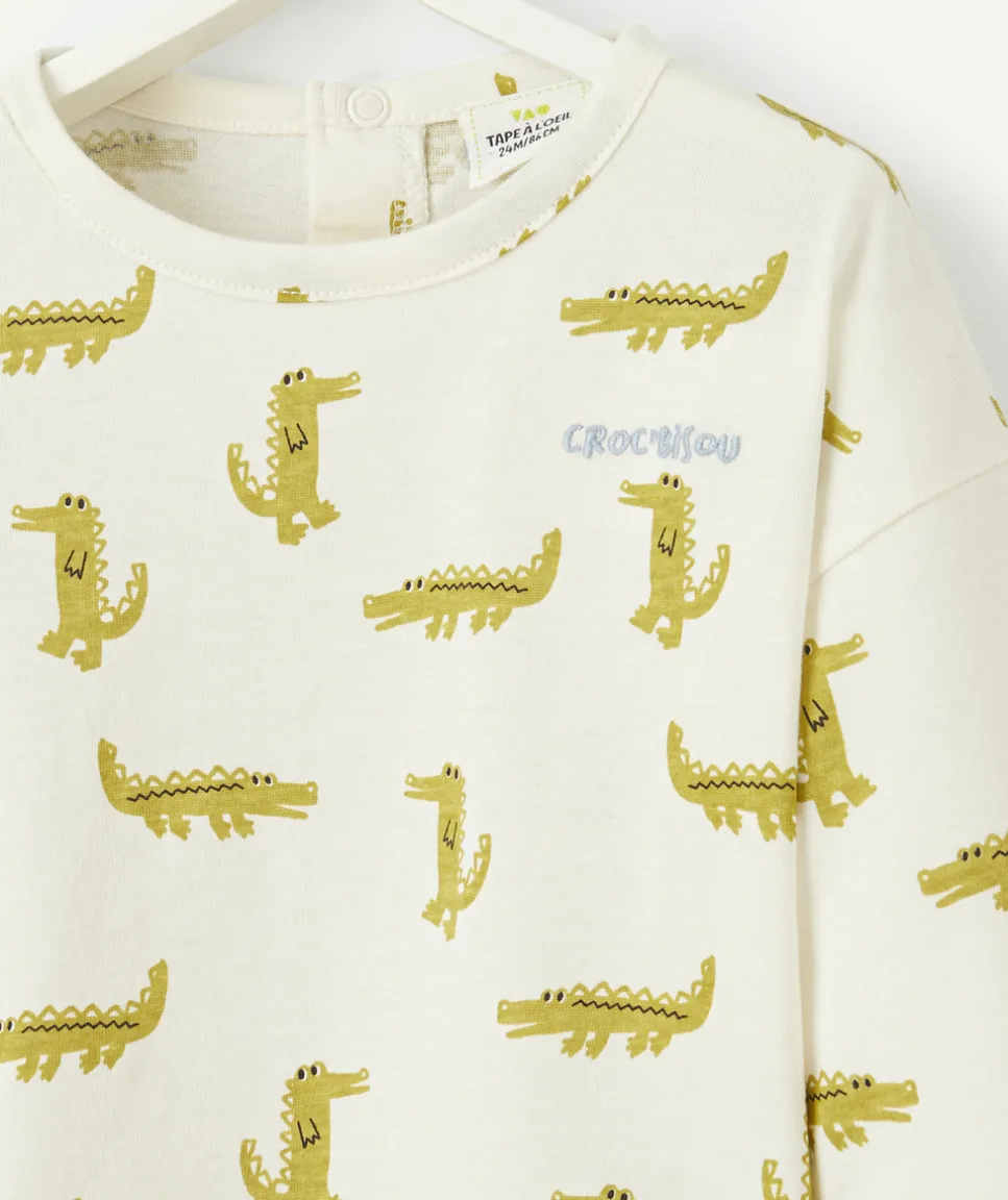 T-shirt blanc à manches longues pour bébé garçon imprimé crocodiles