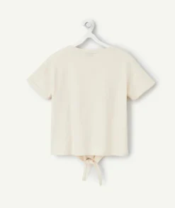 T-shirt écru avec noeud et écriture violette pour fille