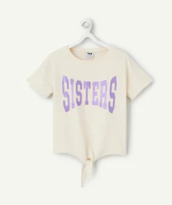 T-shirt écru avec noeud et écriture violette pour fille