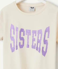 T-shirt écru avec noeud et écriture violette pour fille
