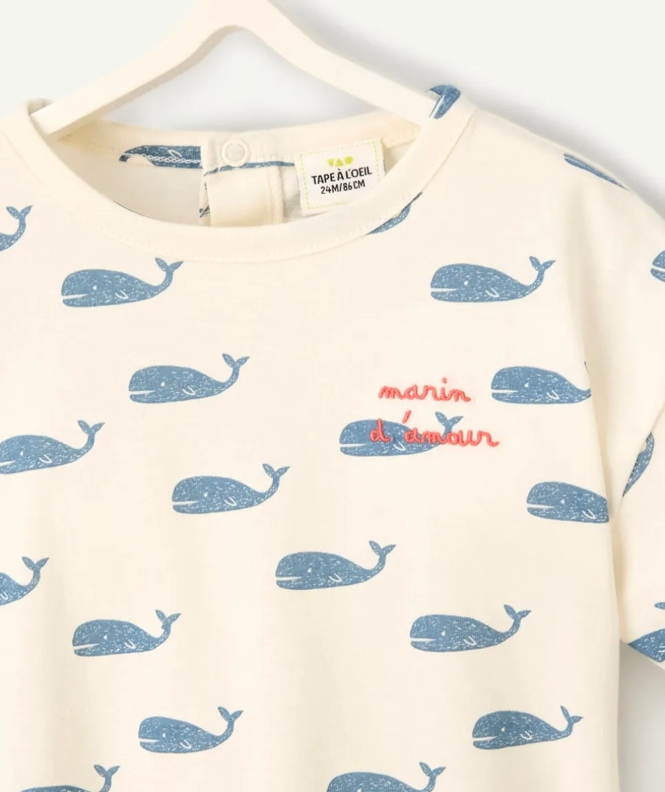 T-shirt écru motifs baleines et écriture pour bébé garçon