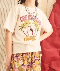 T-shirt fille blanc imprimé tropical