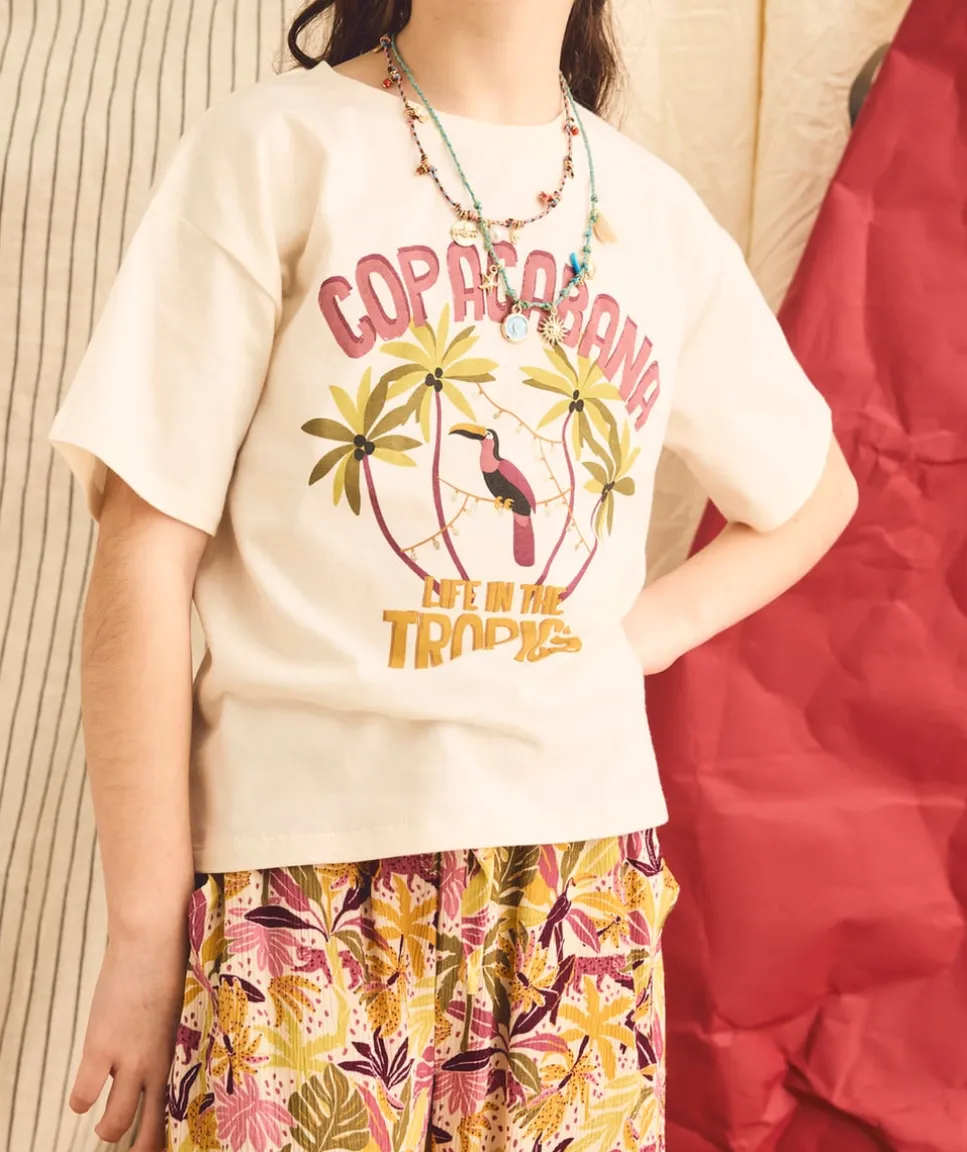 T-shirt fille blanc imprimé tropical