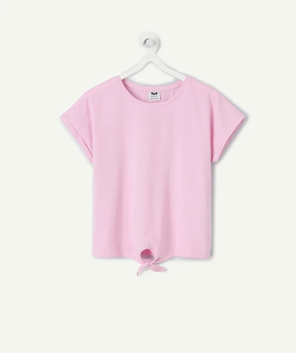 T-shirt fille coton rose pâle avec nœud