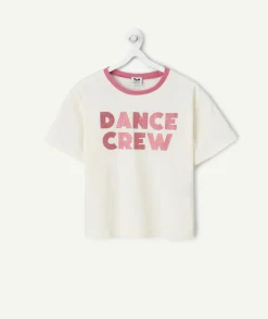 T-shirt fille crème message pailleté col contrasté