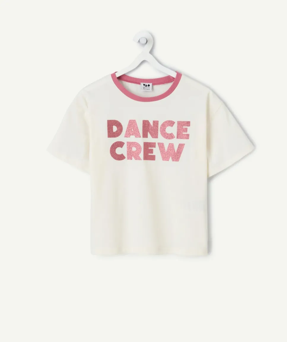 T-shirt fille crème message pailleté col contrasté