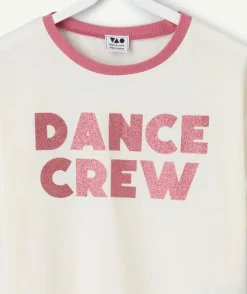 T-shirt fille crème message pailleté col contrasté