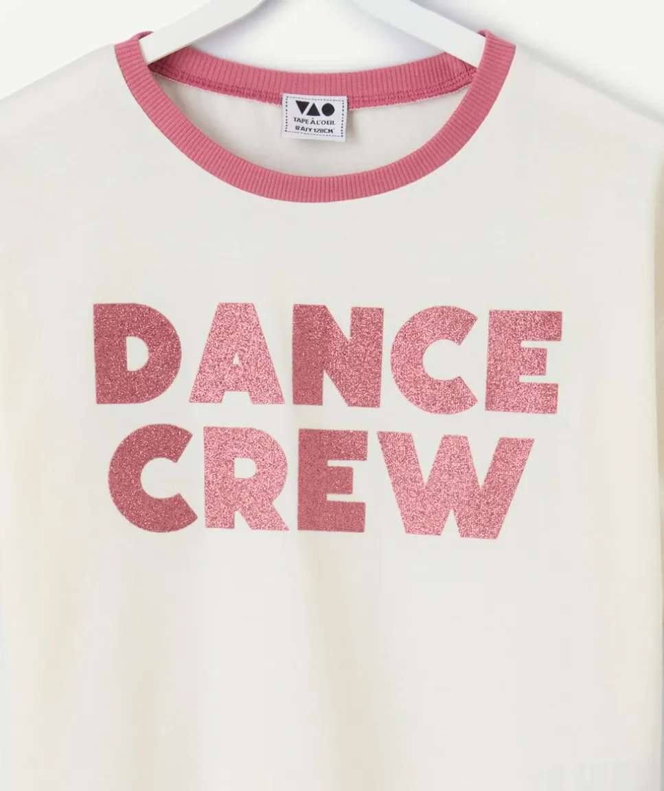 T-shirt fille crème message pailleté col contrasté