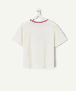 T-shirt fille crème message pailleté col contrasté