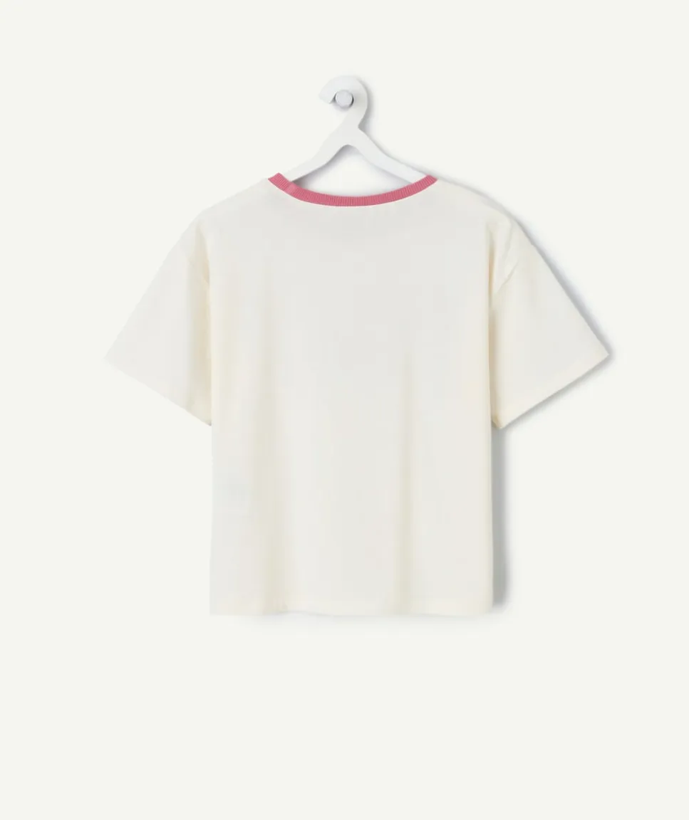 T-shirt fille crème message pailleté col contrasté