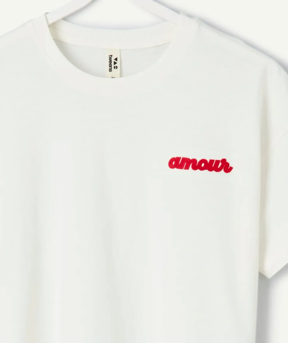 T-shirt fille droit blanc brodé