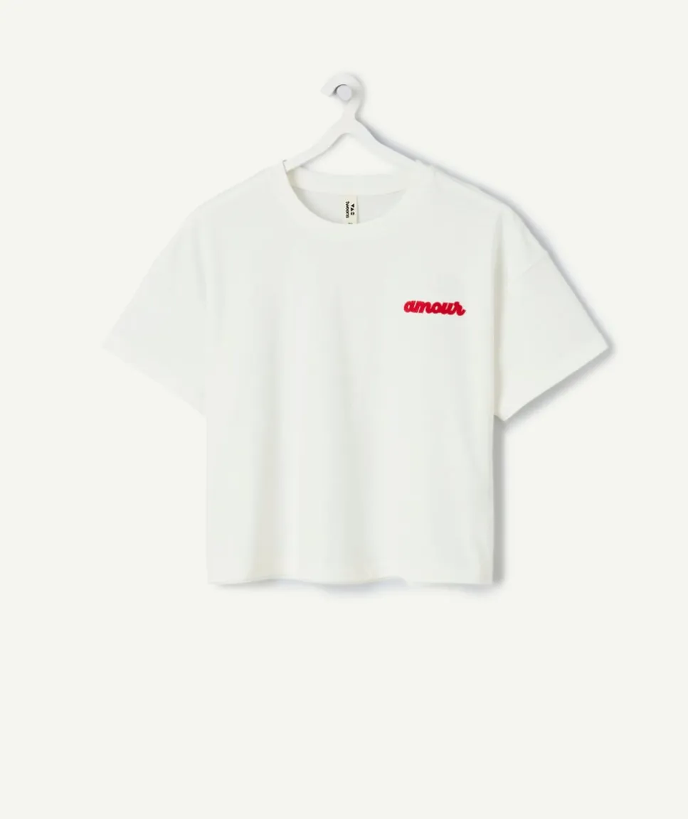 T-shirt fille droit blanc brodé