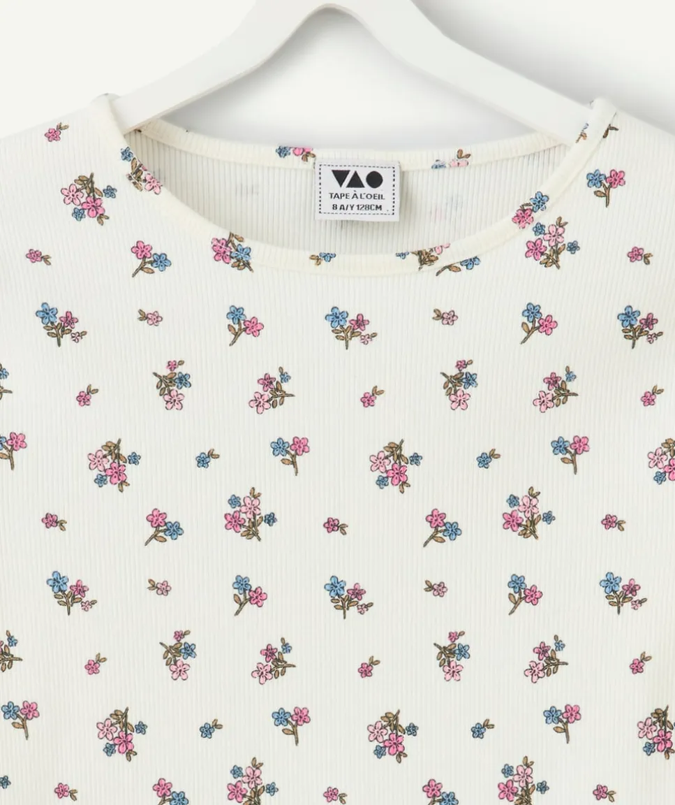 T-shirt fille droit blanc fleuri
