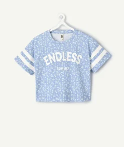 T-shirt fille droit bleu fleuri