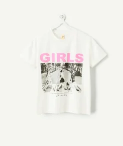T-shirt fille droit écru imprimé