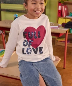 T-shirt fille droit écru imprimé