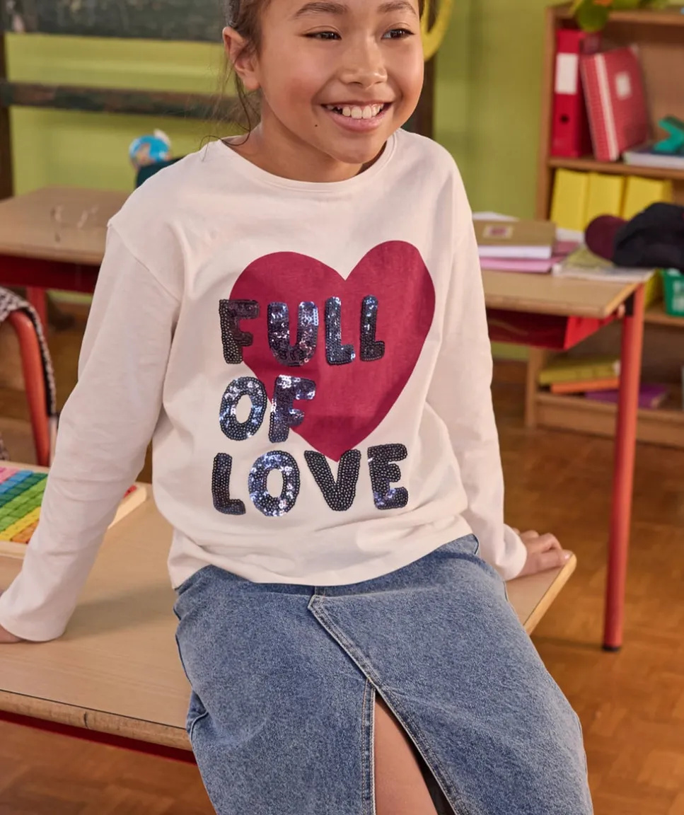 T-shirt fille droit écru imprimé