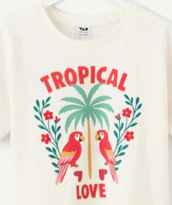 T-shirt fille droit écru imprimé