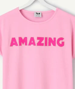 T-shirt fille droit rose imprimé