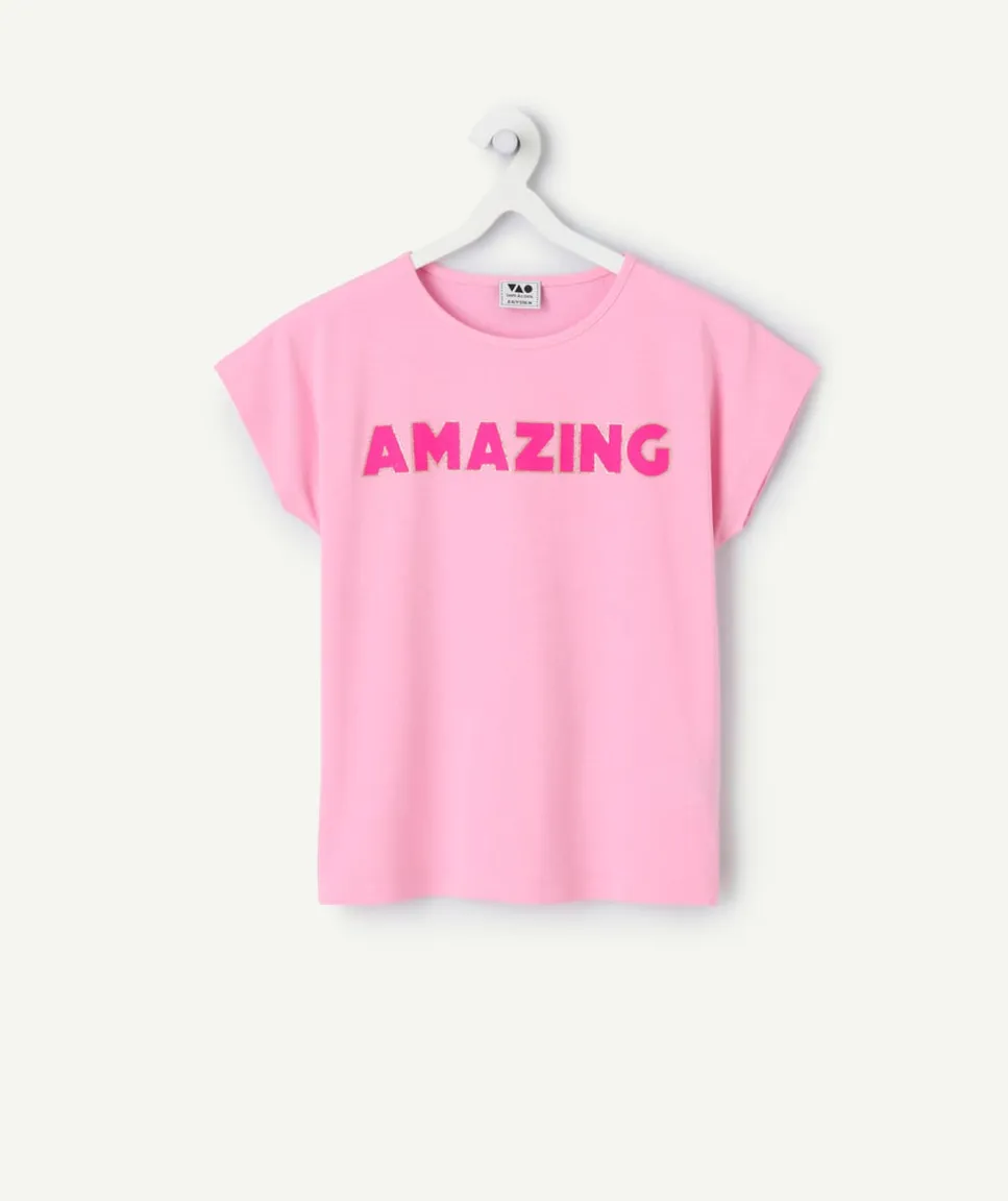 T-shirt fille droit rose imprimé